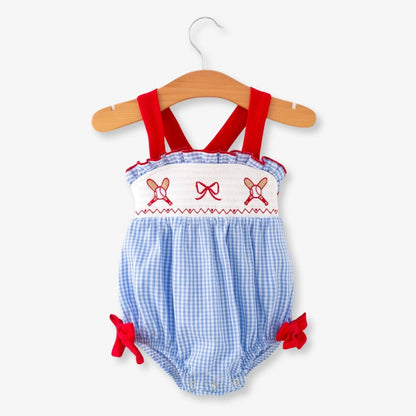 Front view of baby girls blue plaid baseball smocked romper with embroidered baseball design