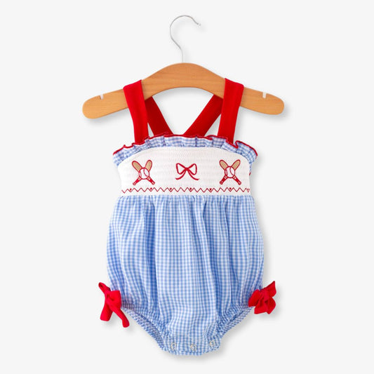 Front view of baby girls blue plaid baseball smocked romper with embroidered baseball design