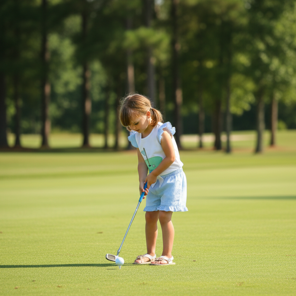 Toddler girl wearing golf hole ruffle tee and gingham shorts set while putting on a golf green outdoors