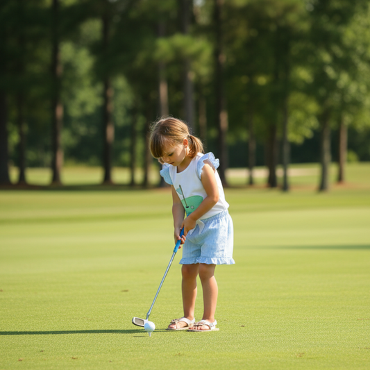 Toddler girl wearing golf hole ruffle tee and gingham shorts set while putting on a golf green outdoors