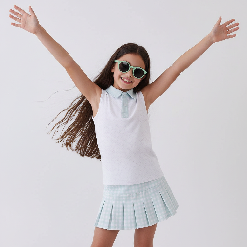 Girl wearing a blue gingham pleated skort with sleeveless kids polo top, smiling with arms raised in a playful, active outfit for girls