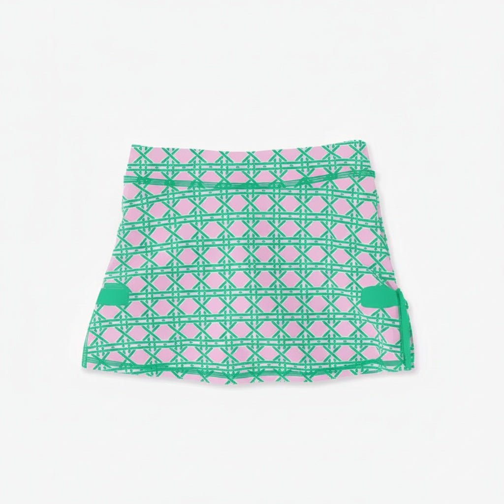 girls active wear skort with bright green and pink pattern on white background