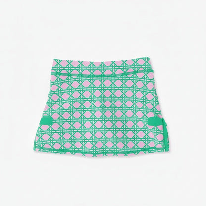 girls active wear skort with bright green and pink pattern on white background