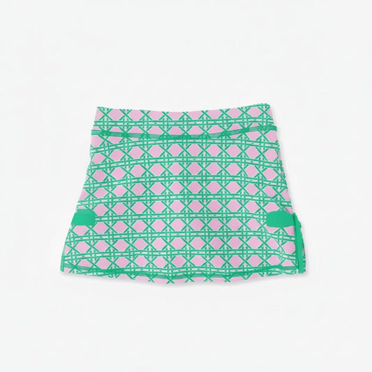 girls active wear skort with bright green and pink pattern on white background