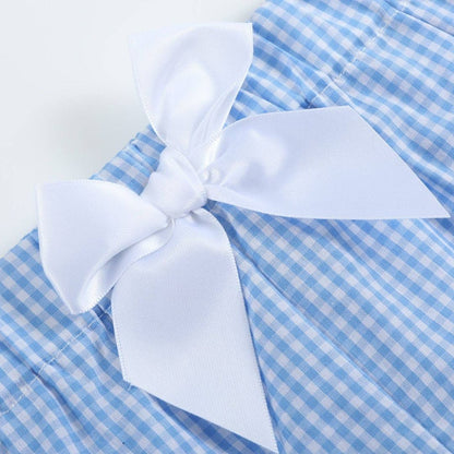 White satin bow detail on light blue gingham toddler girls golf shorts with elastic waistband