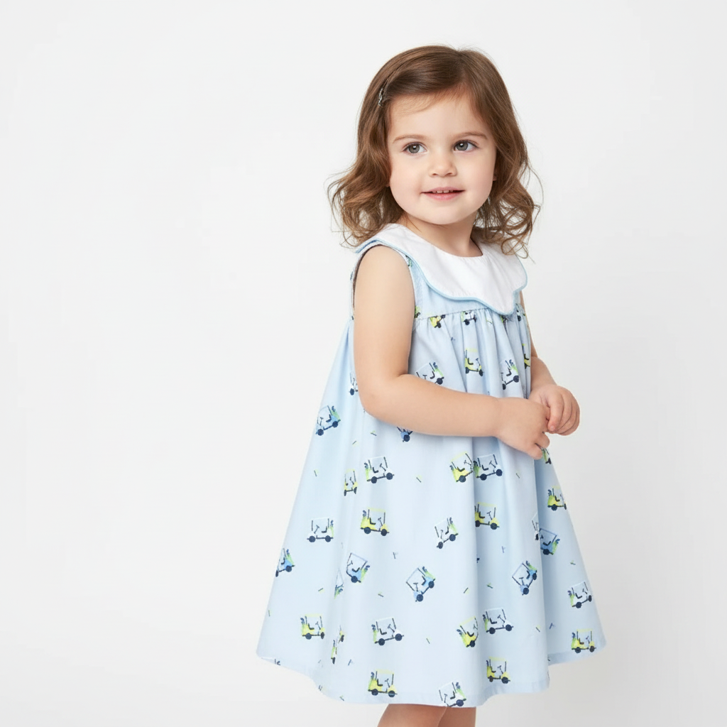 Toddler girl wearing the Tatum Girl Golf Dress in a light blue golf cart print, styled for a timeless Southern look