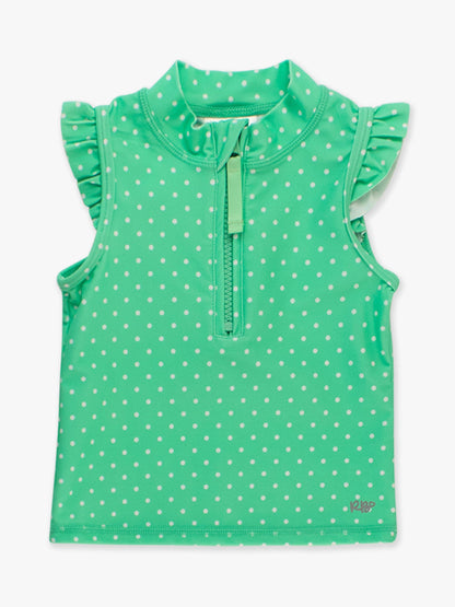 Girls athletic top green polka dot sleeveless top with ruffled shoulders