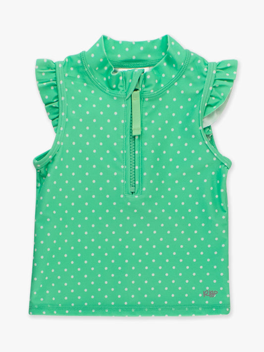 Girls athletic top green polka dot sleeveless top with ruffled shoulders