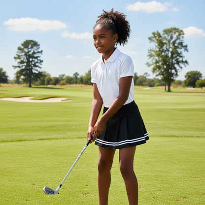 Girl wearing a white polo top and black pleated tennis skort while holding a golf club on a course