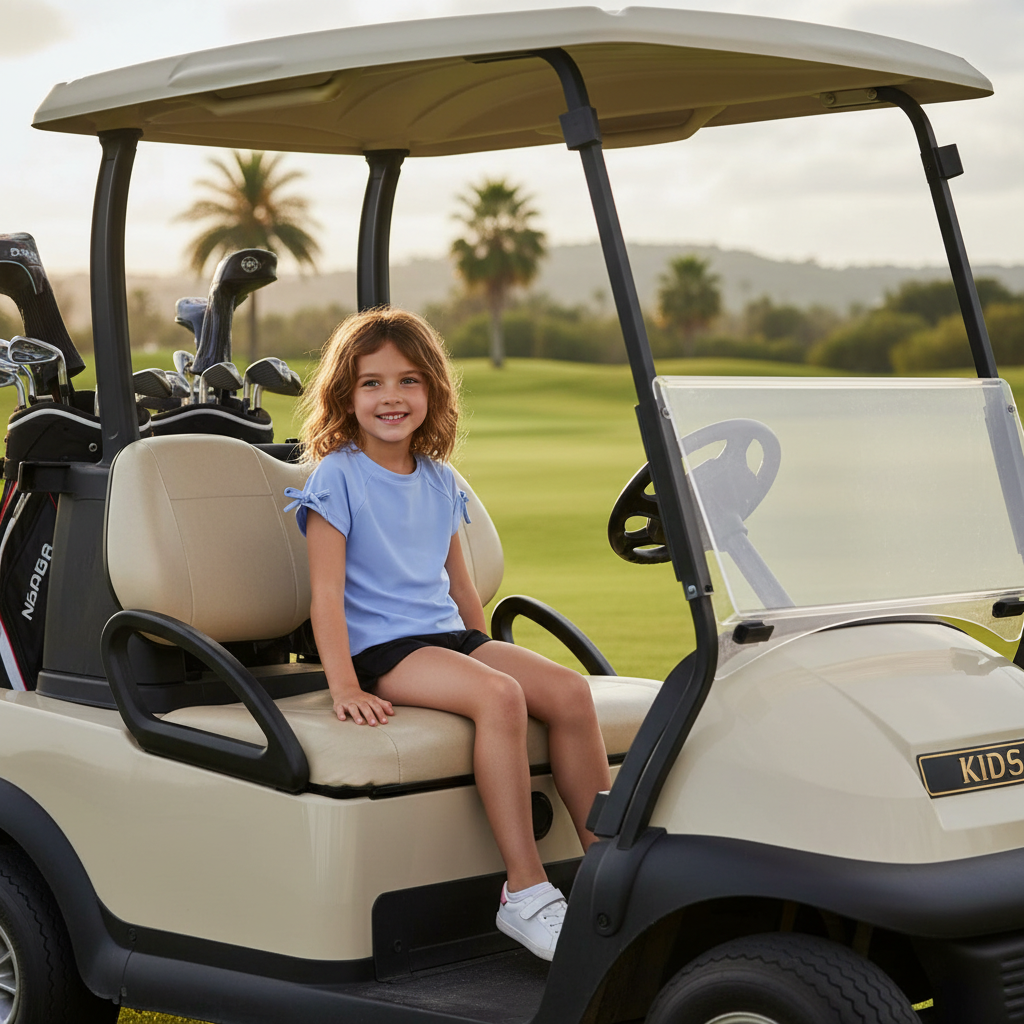 Girl wearing girls performance raglan with bow detail shirt sitting in a golf cart on a sunny golf course
