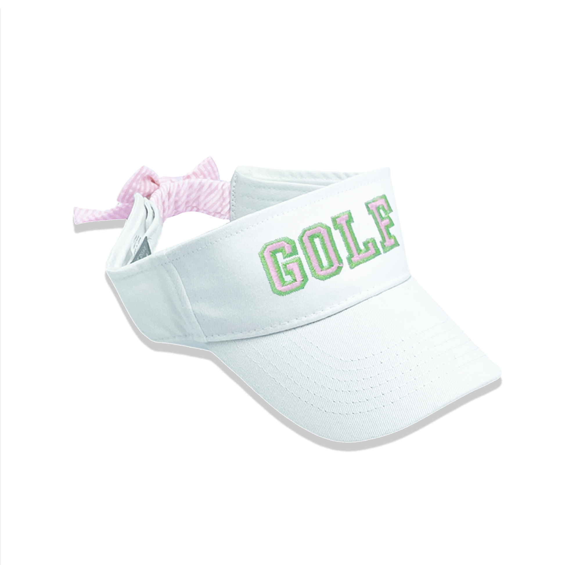 girls golf sun visor white with green golf lettering and a pink seersucker bow