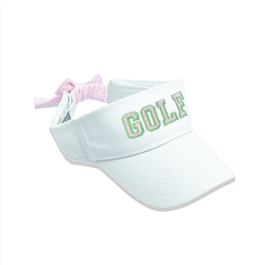 girls golf sun visor white with green golf lettering and a pink seersucker bow