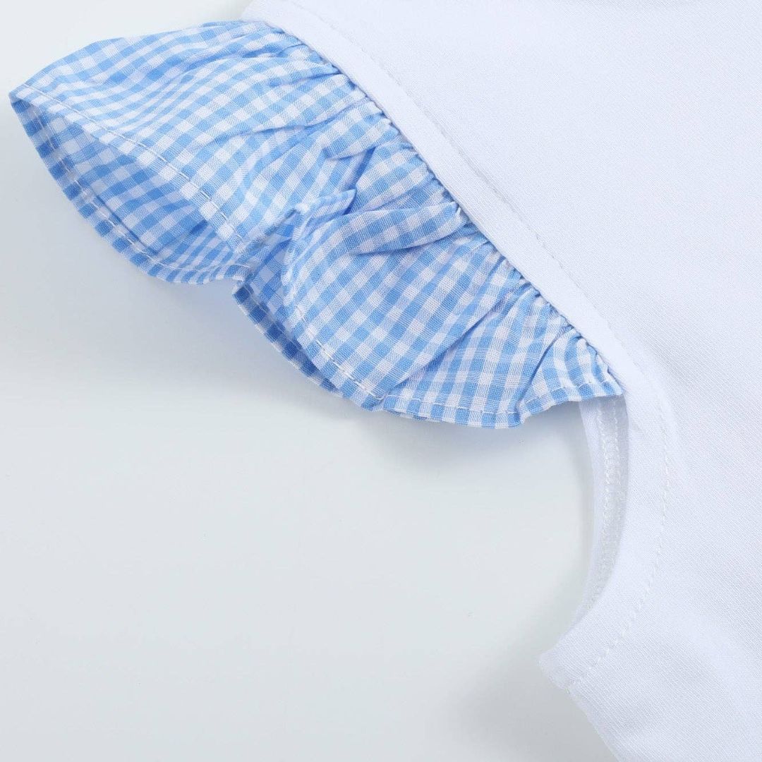Light blue gingham ruffle sleeve detail on toddler girls golf tee, soft cotton fabric with classic check pattern