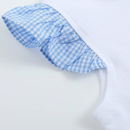 Light blue gingham ruffle sleeve detail on toddler girls golf tee, soft cotton fabric with classic check pattern