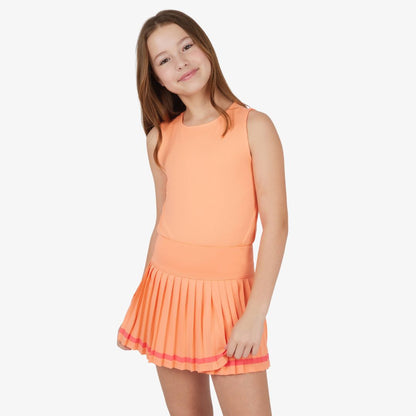 Girls sleeveless tank and pleated tennis skirt set in orange color, front view