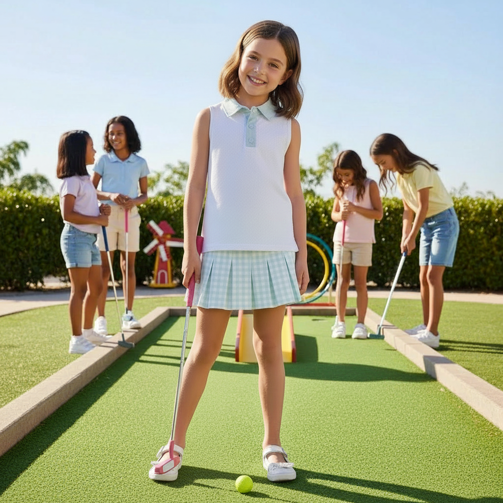 Girl wearing a blue gingham active skort set playing mini golf, sleeveless top and pleated skort designed for active kids