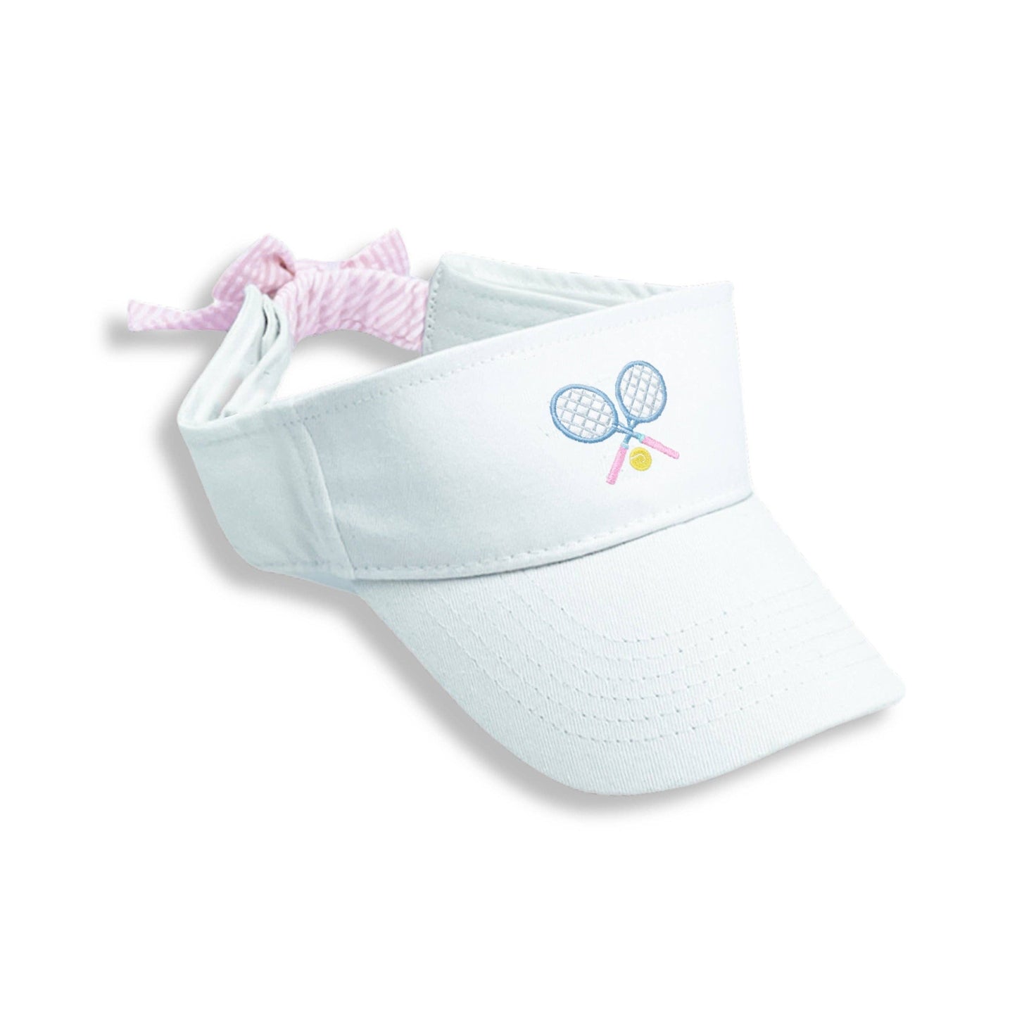 White girls tennis visor with blue and pink embroidered tennis rackets. 