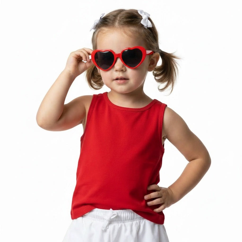 Girl wearing a bright red activewear tank with heart shaped sunglasses on white background