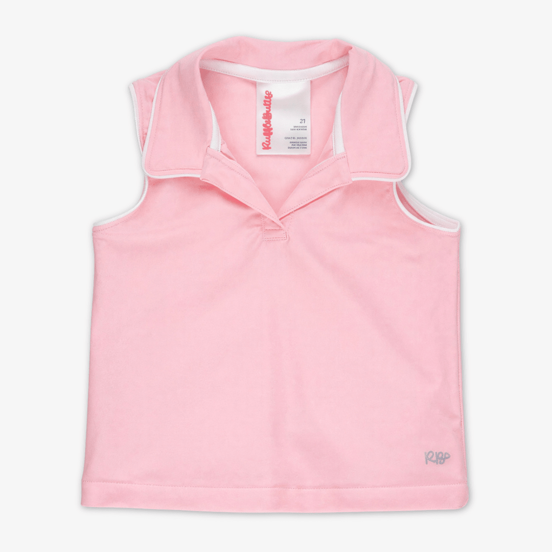 A light pink sleeveless active polo shirt for girls, featuring a collar with white piping