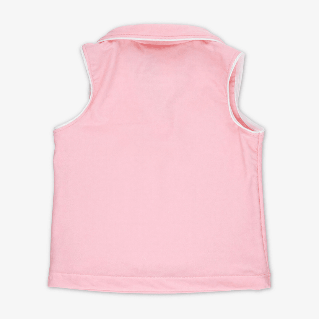 A light pink sleeveless active polo shown from the back, featuring white piping along the collar and armholes, set against a plain light gray background.