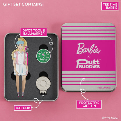 Barbie and Putt Buddies Tee Time Barbie golf divot tool gift set with magnetic ball marker, hat clip, and protective pink tin