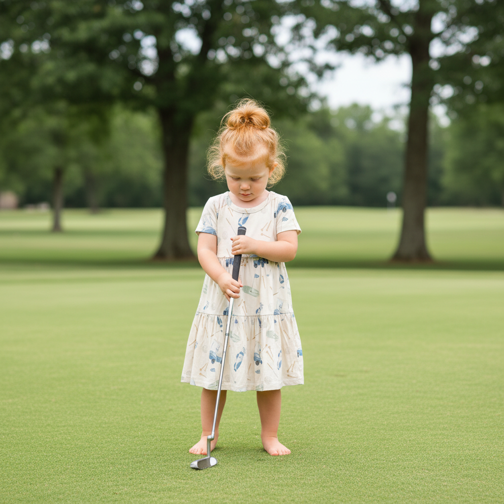 Toddler girl wearing a golf-print dress standing barefoot on a golf green, holding a putter during a playful moment on the course