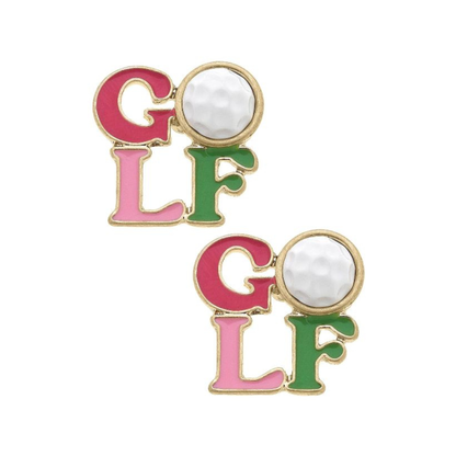 Colorful 'GOLF' earrings with pearl-like centers on a white background
