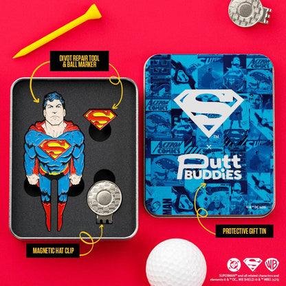 Superman golf divot tool gift set with protective tin, magnetic ball marker, hat clip, and golf accessories