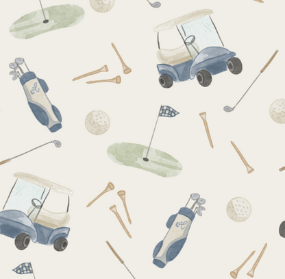 Golf-themed pattern featuring illustrated golf carts, clubs, flags, tees, and balls on a neutral background for children’s apparel.