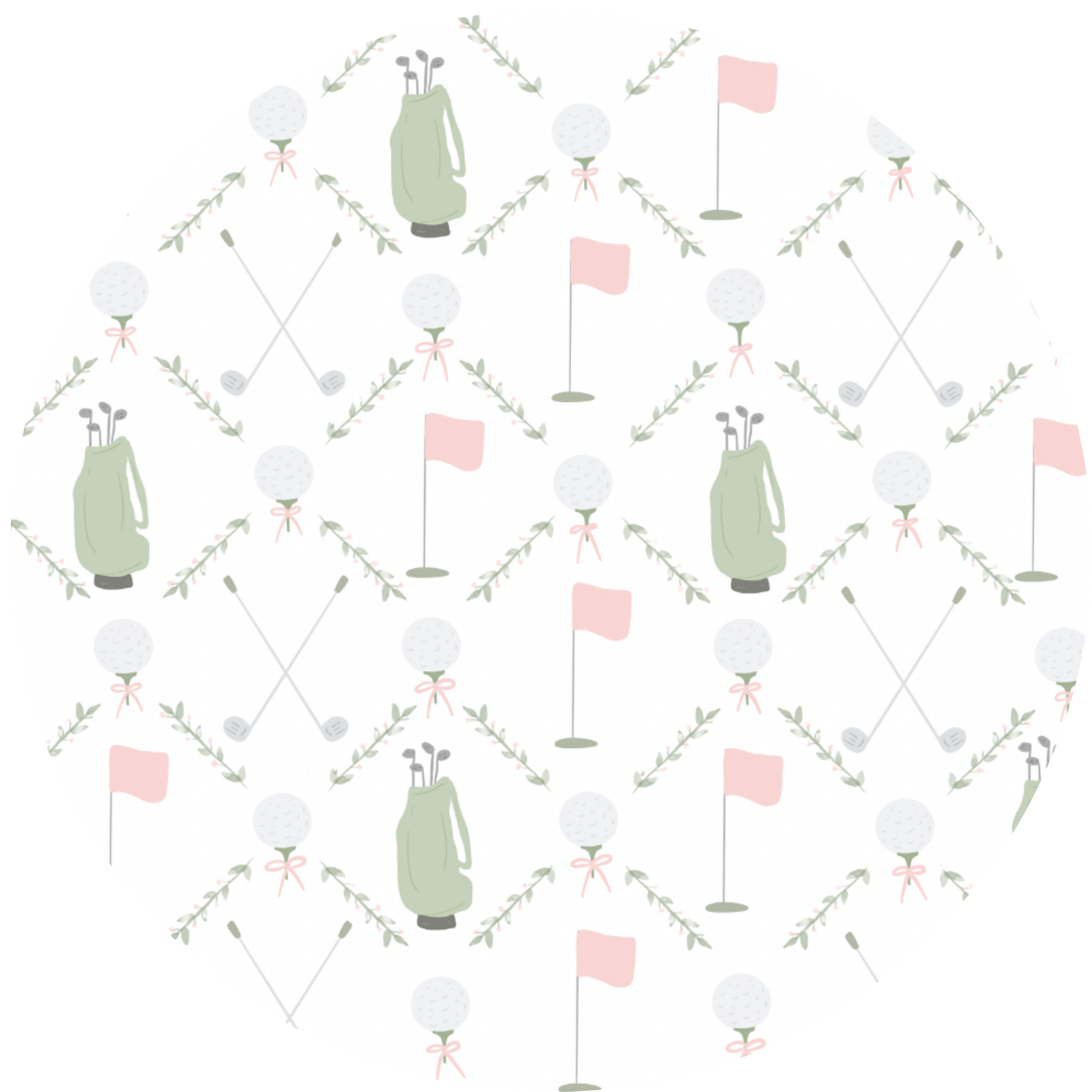 girls golf pajamas pattern. croseed golf clubs, green golf bags, golf balls on tees with bows