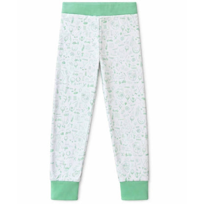 White children's pajama pants with a light green golf doodle pattern, featuring a solid light green elastic waistband and matching light green ankle cuffs, shown flat on a white background.
