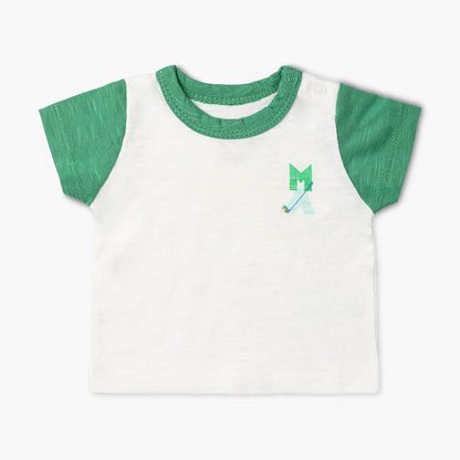 White kids golf tshirt with green sleeves and golf club detail on left pocket area