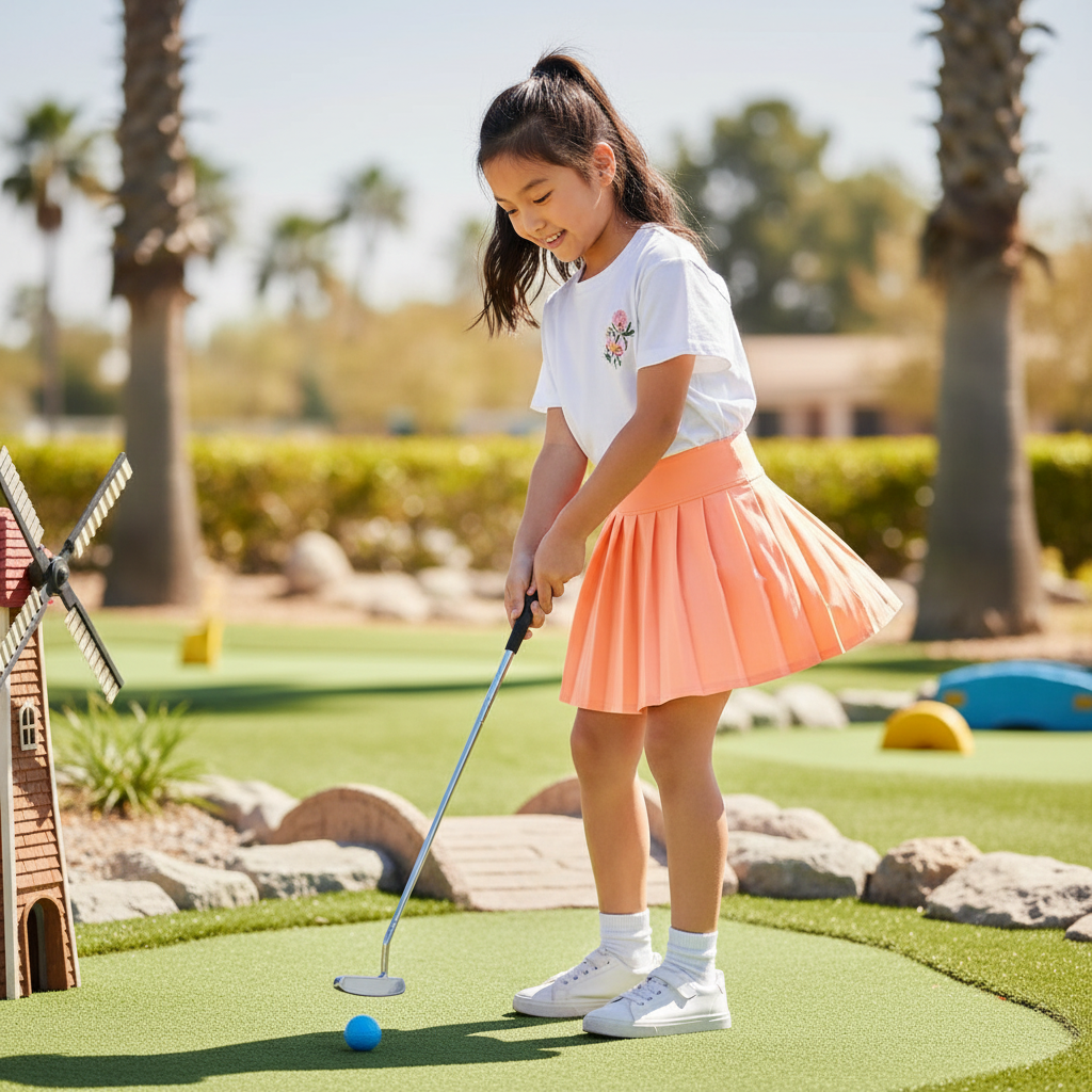 Girl wearing a an orange jersey pleated tennis skort while playing mini golf outdoors