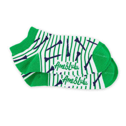Green and white striped ankle socks with navy golf tee pattern and Ame & Lulu logo, stacked pair on white background