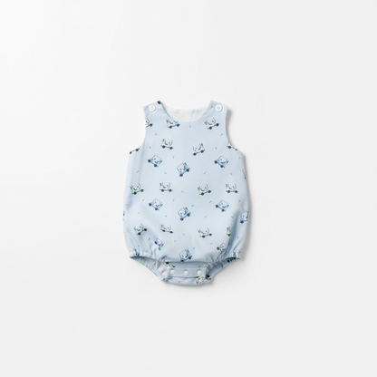 Blue golf cart print baby playsuit from the Tatum Collection, sleeveless cotton romper for special occasions