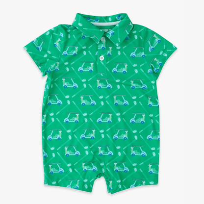 A bright green baby romper with cheerful golf carts alongside crisp white clubs, creating a pattern that’s full of motion and sporty charm.