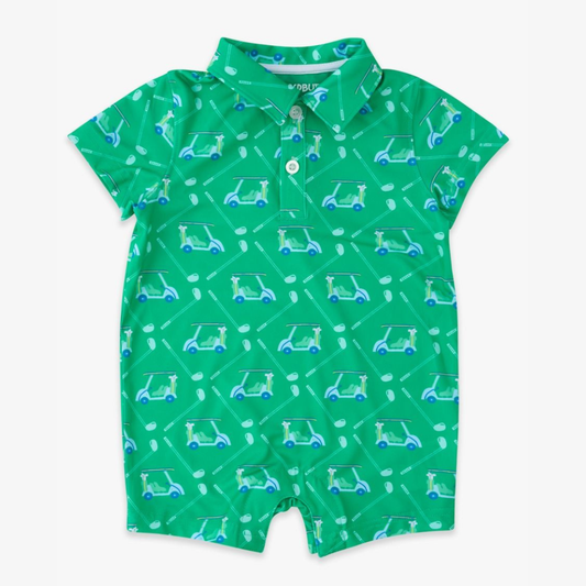 A bright green baby romper with cheerful golf carts alongside crisp white clubs, creating a pattern that’s full of motion and sporty charm.