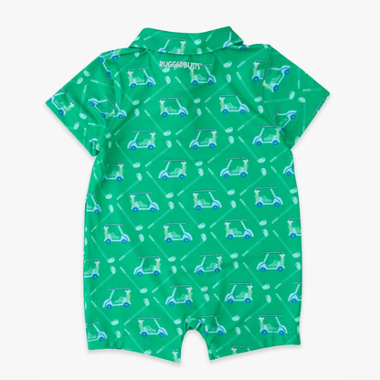 Back of bright green baby romper with cheerful golf carts alongside crisp white clubs, creating a pattern that’s full of motion and sporty charm.
