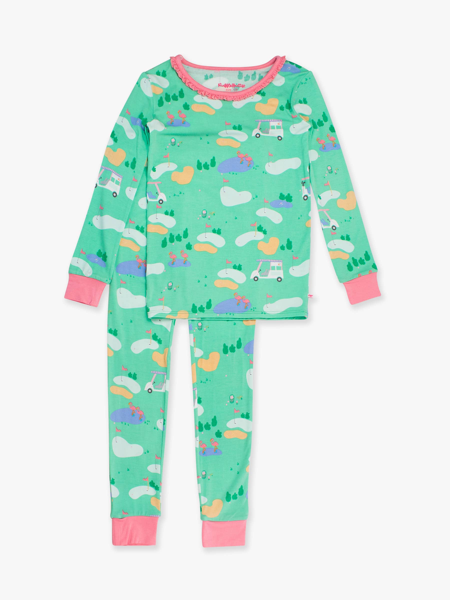 Green golf course theme sleepwear. Water feature with pink flamingos, trees, golf carts, bunkers. Pink trim on neck, wrists, ankles. 