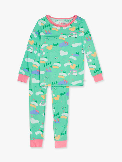 Green golf course theme sleepwear. Water feature with pink flamingos, trees, golf carts, bunkers. Pink trim on neck, wrists, ankles. 