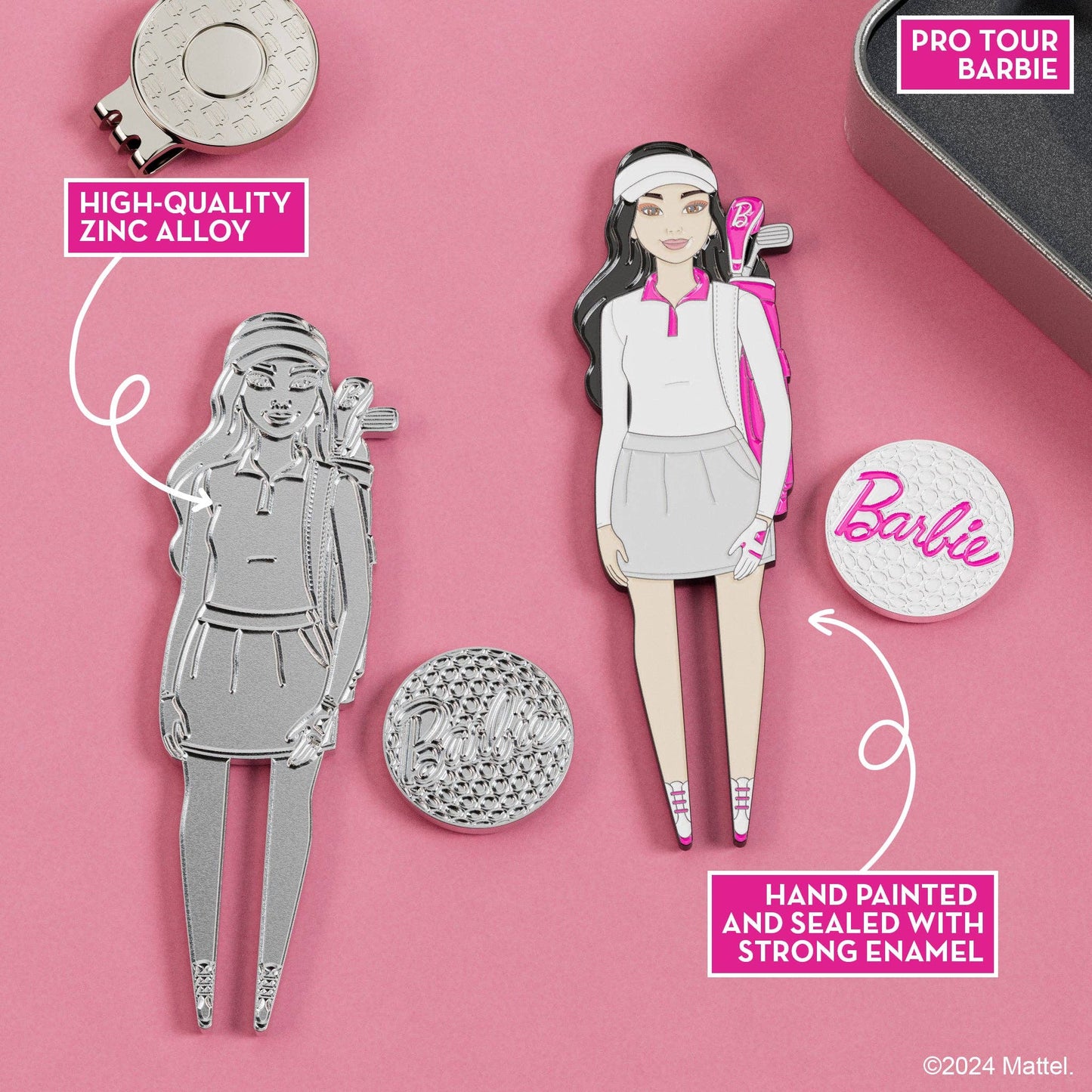 Close-up of Pro Tour Barbie divot tool and magnetic golf ball marker made from high-quality zinc alloy with hand-painted enamel details