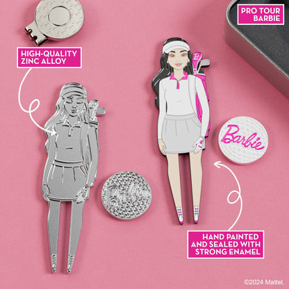 Close-up of Pro Tour Barbie divot tool and magnetic golf ball marker made from high-quality zinc alloy with hand-painted enamel details