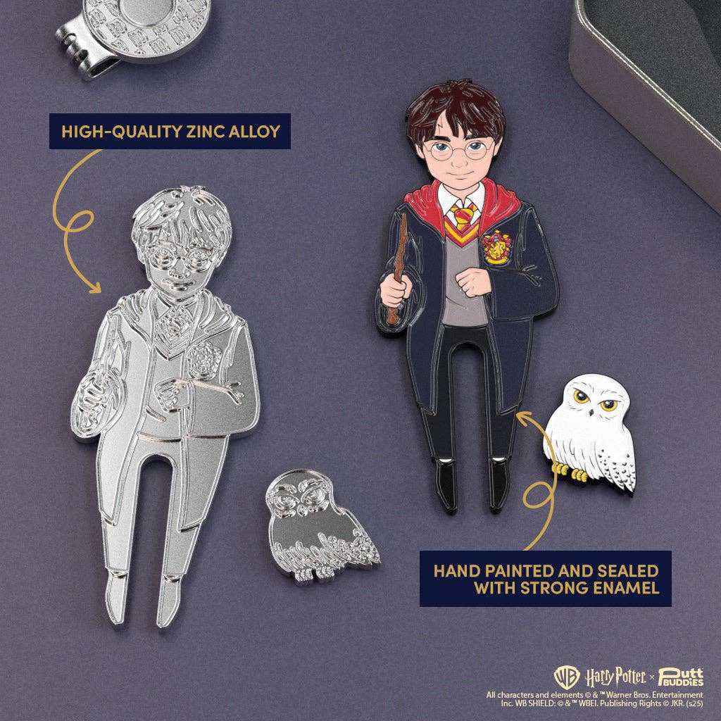 Harry Potter divot tool and Hedwig magnetic ball marker set showing hand-painted enamel detail and zinc alloy construction