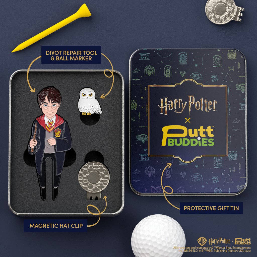Harry Potter x PuttBuddies divot repair tool set inside protective gift tin with magnetic ball marker and hat clip