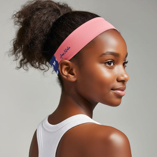girl wearing pink athletic headband with navy tennis racket panel, side profile with ponytail