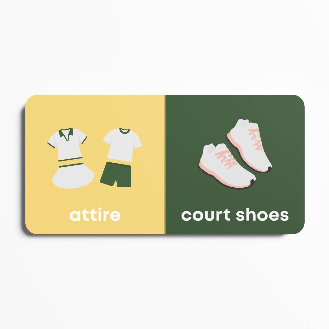 Open book with 'attire' on a yellow side and 'court shoes' on a green side.