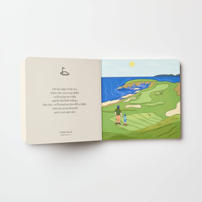 Inside of the kids golf book Adventures on the Green. Book is open with text on one side and an illustrated picture of a golf course and father and child on the other. 