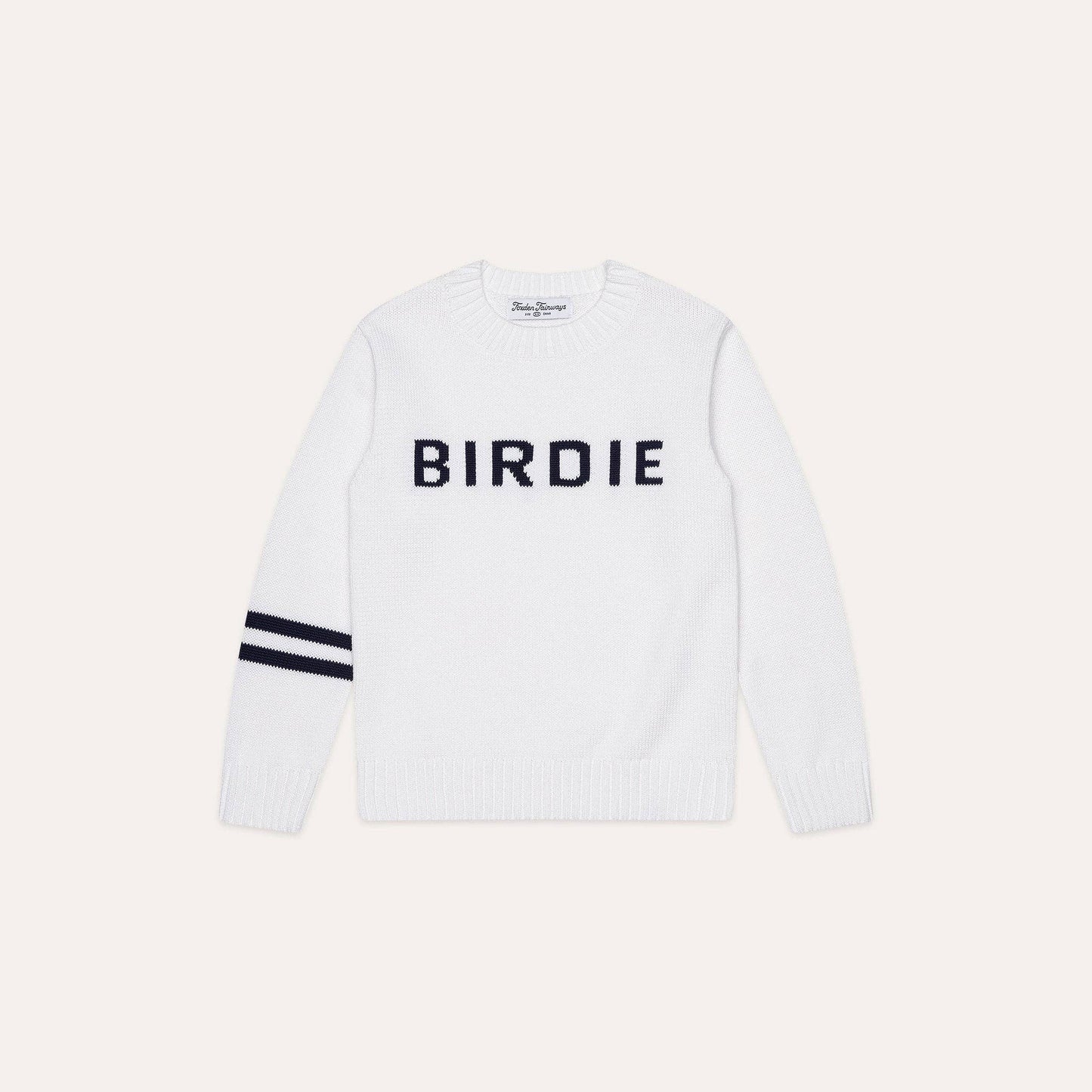 Golf sweater for kids and toddlers white with navy birdie text