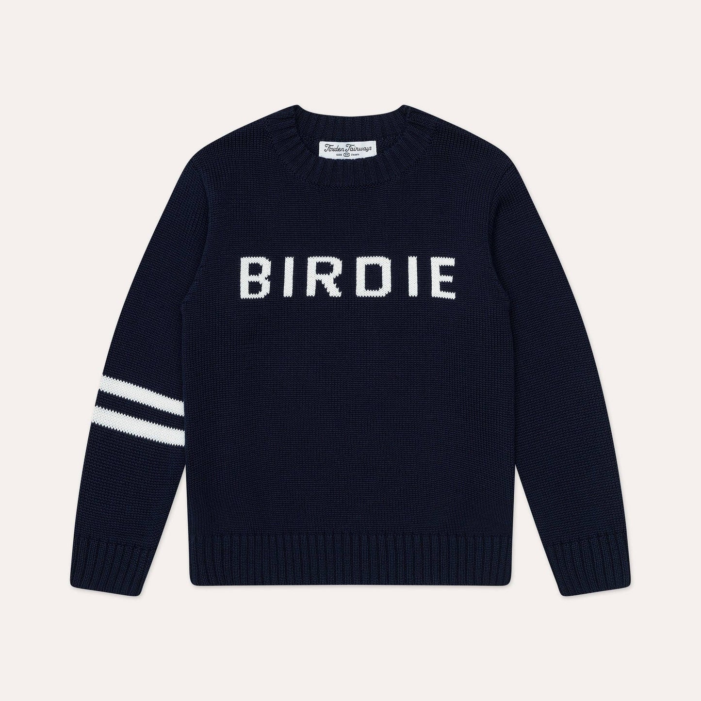 kids and toddler navy golf sweater with birdie written in white across chest