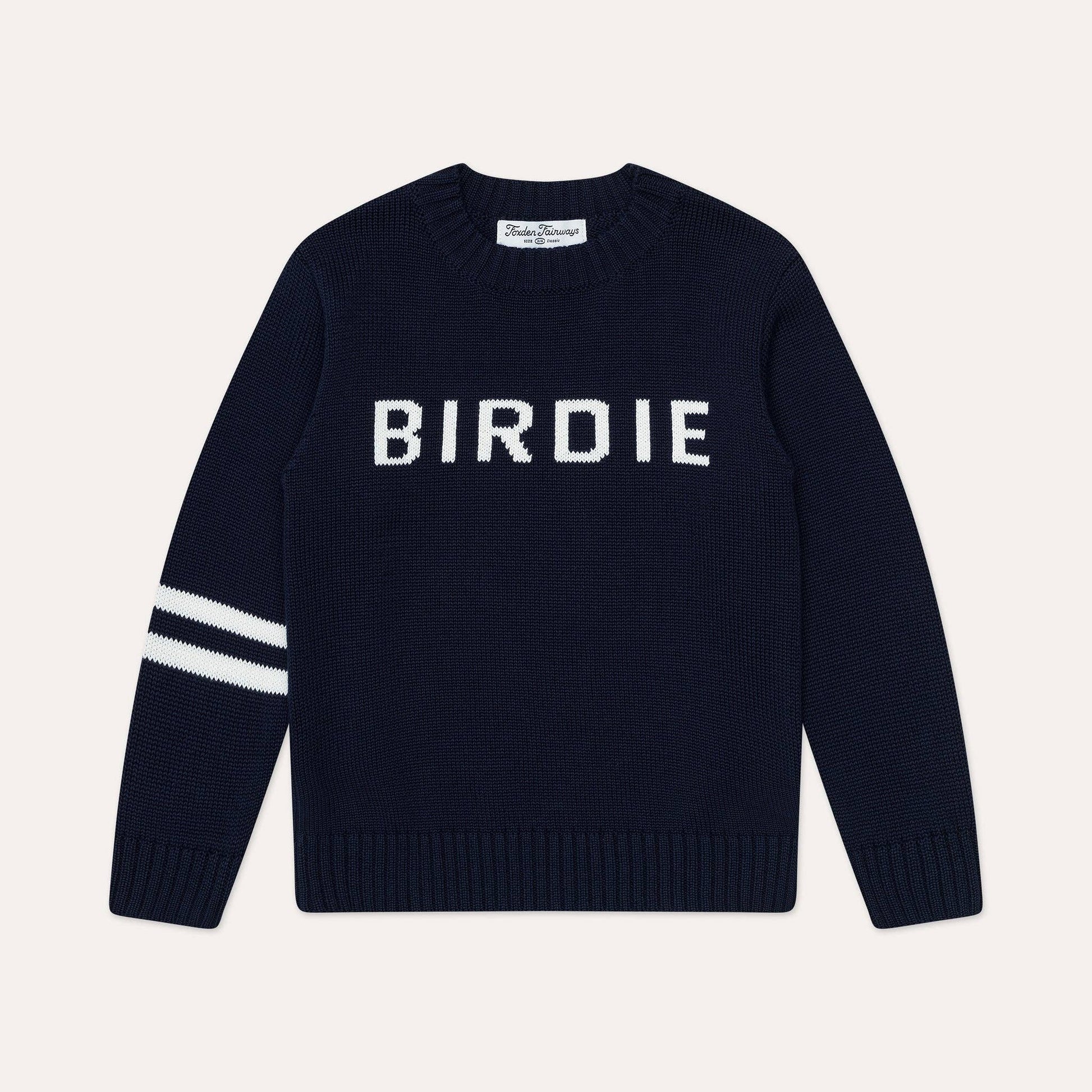 kids and toddler navy golf sweater with birdie written in white across chest